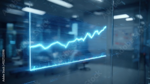 A glowing blue line graph showing an upward trend displayed in a modern office environment glass wall