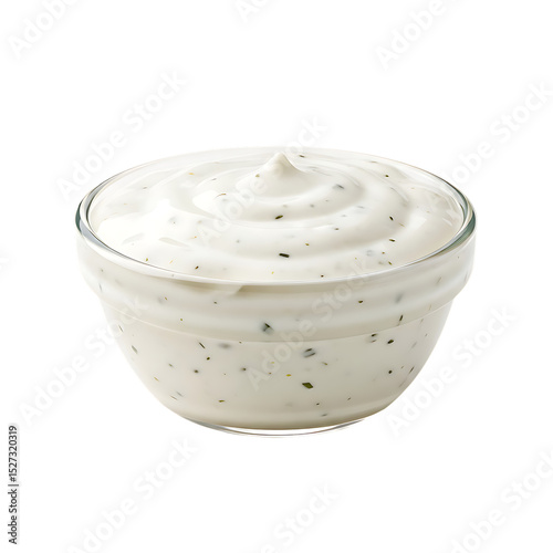 Creamy ranch dressing in glass bowl perfect for dipping vegetables or as a salad dressing option on transparent background
