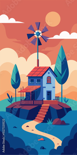 The only sounds to be heard are the gentle hum of the windmill powering the villa and the occasional call of a passing bird making it the perfect remote work location.. Vector illustration