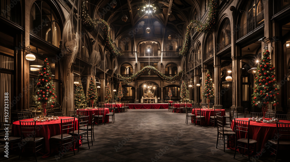Fototapeta premium Elegant banquet hall decorated for Christmas with red tablecloths, festive trees, and holiday garlands. Luxurious venue set for a formal winter celebration or event.