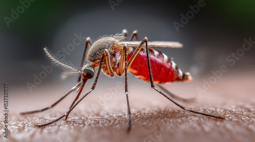 Mosquito feeding on human skin, closeup view of a common summer pest. Suitable for health, disease, and pest control concepts.