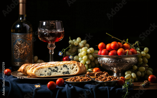 Luxurious still life of wine, braided bread, grapes, nuts, and red berries in ornate bowls. Gourmet composition with rich textures and classical lighting evoking festive abundance.