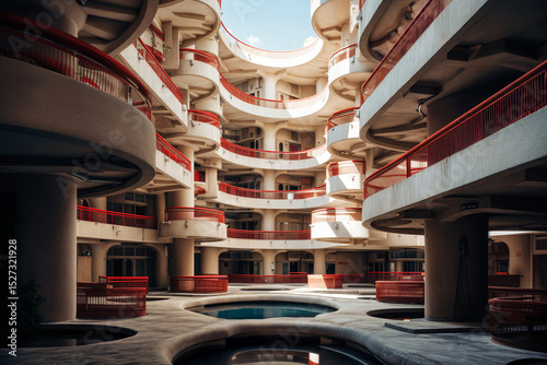 Modern architectural courtyard with circular balconies and red railings. Symmetrical multi-level building features geometric design and central water pools under bright daylight.