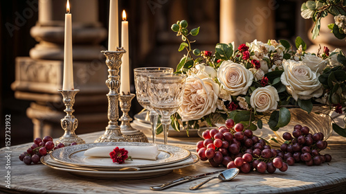 Romantic table setting with ivory roses, crystal glasses, and silver candlesticks. Elegant outdoor dining decor with grapes, candles, and floral centerpiece at sunset.