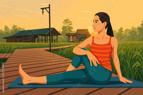 A serene, illustrated scene of a young woman practicing yoga outdoors during sunrise or sunset. She is seated on a blue yoga mat placed on a wooden boardwalk that runs through a lush green rice field.