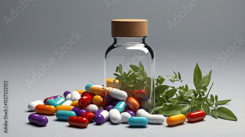 Colorful capsules with herbal plant and glass bottle