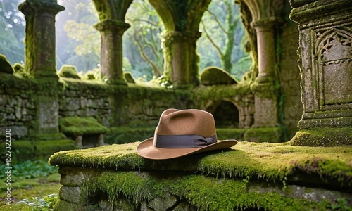 Atmospheric Still Life: Vintage Fedora Hat on Moss-Covered Ruins in a Lush Forest Setting