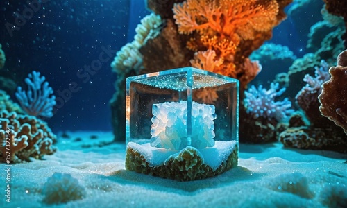 Captivating Coral Reef Ecosystem Displayed in a Glass Cube - Underwater Scene Photography