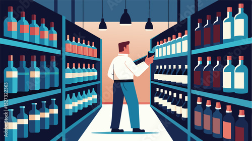 Rows of neatly labeled bottles line the walls of a sleek wine cellar where a freelancer conducts market research for a new liquor brand.. Vector illustration