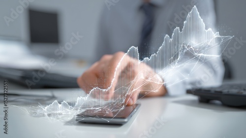 A person using a smartphone with a superimposed stock market graph showing an upward trend on the screen