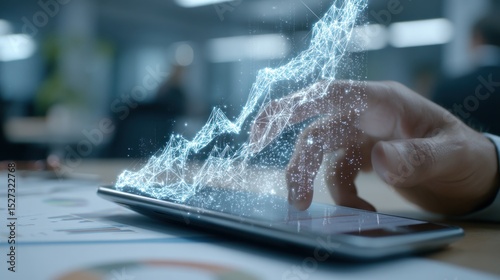 A hand interacting with a digital graph displayed on a tablet in a blurred office environment
