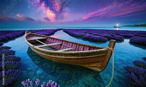 Magical Lavender Landscape with Boat Under a Starry Sky - Dreamy Travel Photography