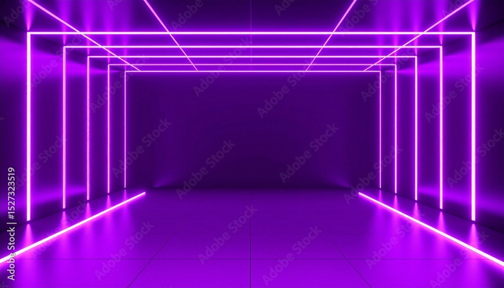 Fototapeta premium Abstract purple neon tunnel with parallel lines creating a futuristic, glowing corridor effect.