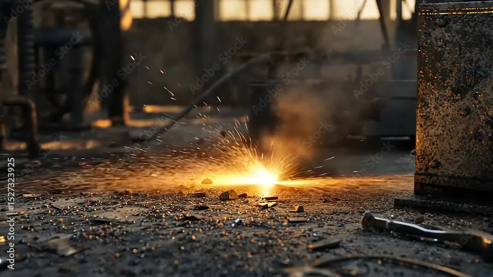 Sparks fly in a dimly lit workshop as tools lay scattered on the floor, showcasing industrial activity
