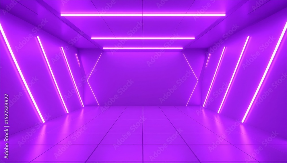 Obraz premium Empty futuristic corridor bathed in vibrant purple neon lights.