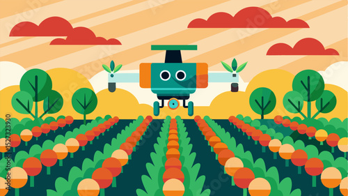 An aerial robotic harvester zooming across rows of crops equipped with advanced imaging sensors that analyze and determine the healthiest produce to harvest.. Vector illustration
