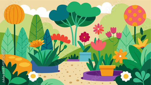 Creating a sensory garden filled with colorful flowers textured plants and fragrant herbs.. Vector illustration