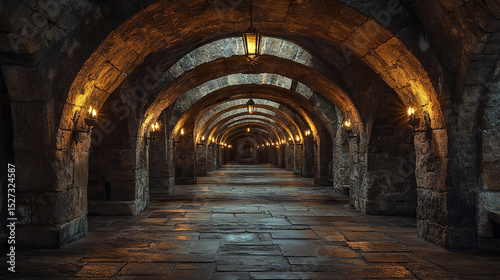 warm, inviting arched stone hallway illuminated by torches creates mysterious atmosphere
