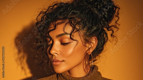 Hairpiece Collection with Straight and Curly Styles Woman with beautiful curly hair in warm light.