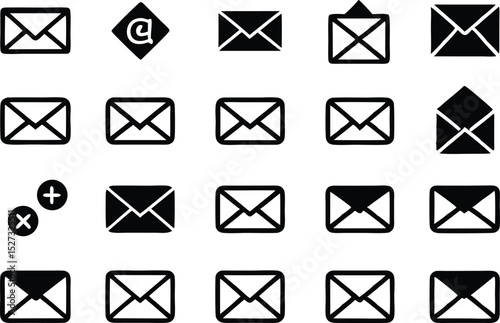 Black and White Envelopes Email Symbol Collection on a White Background