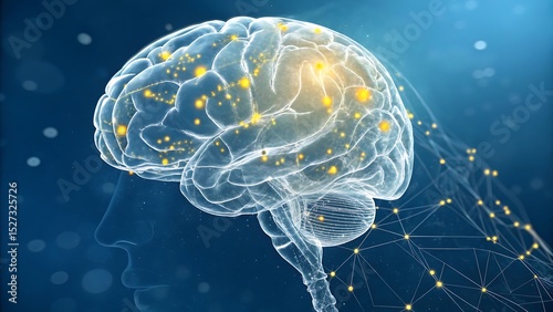 Futuristic Human Brain Illustration with Glowing Neural Pathways