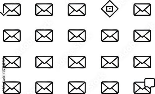 Black Line Art Collection of Mail Icons on Transparent Background, Communication Concept