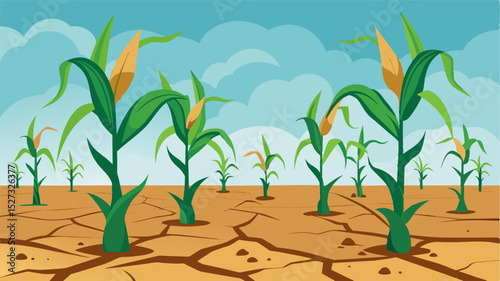 A sad sight indeed as the undersized corn plants struggle to stay upright amidst dry cracked earth and sp irrigation.. Vector illustration
