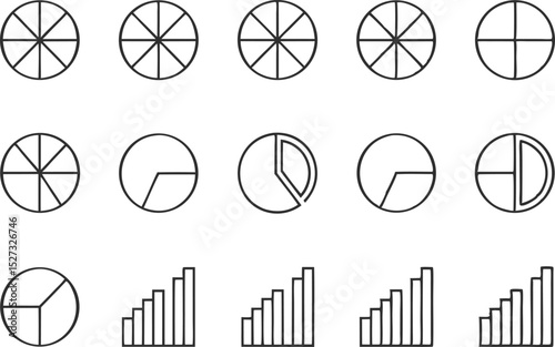 Black Outline Pie Chart and Bar Graph Collection on Transparent Background