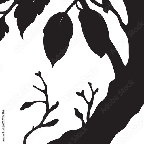Vector illustration, Isekai anime style, black and white.  Silhouette of a tree set against a stark white background. Elegant, expressive, and timeless in its design.