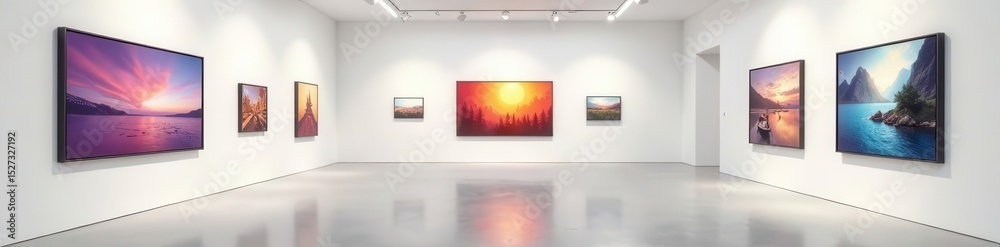 Fototapeta premium Empty art gallery, white walls, focused lighting, minimal, interior, spotlights