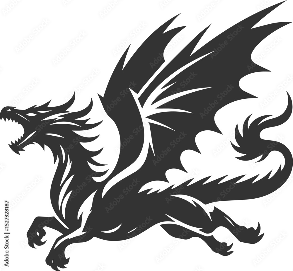 Obraz premium Drawing silhouette of a flying dragon vector