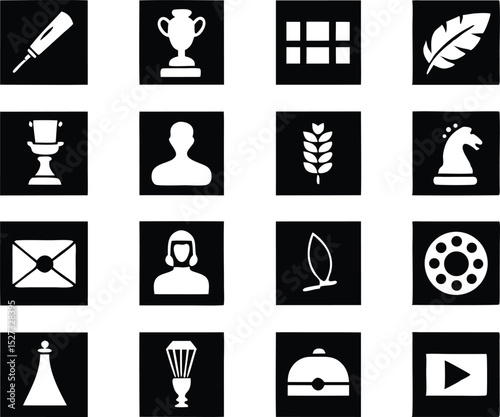 Black Square Icons Set Pen, Trophy, Person, Chess, Feather, and More Symbols