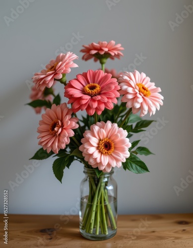 Wallpaper Mural Sophisticated bouquet of zinnias in a minimalist style, using coral pink and dove gray shades, clean curves, balanced forms, elegant aesthetic, high resolution Torontodigital.ca