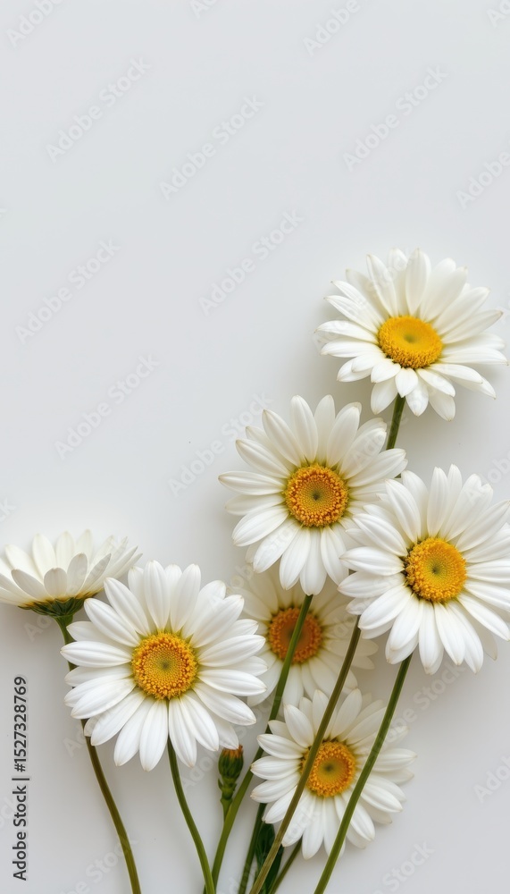 Obraz premium clean arrangement of daisies in a minimalist style, with white and pale yellow tones, minimal lines, open space for text, sleek vibe, high resolution