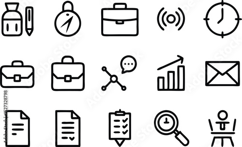 Business element icons set on white transparent background in black outline style