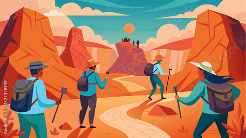 Clad in hiking gear a group of digital preservationists trek through a rugged canyon documenting and archiving ancient petroglyphs.. Vector illustration