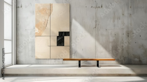 Abstract Artwork, Concrete Wall, and Wooden Bench in a Minimalist Setting