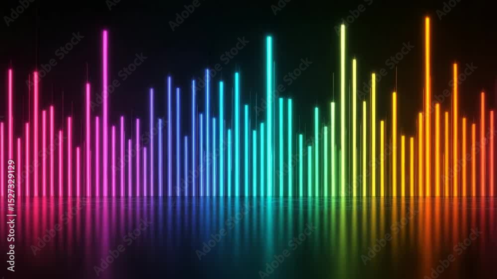 Colorful sound wave bars with glowing neon light and reflection on black background, vibrant audio visualization of music energy with dynamic glowing bars and digital art effects