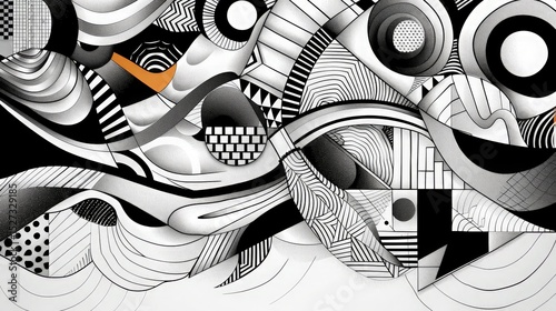 Abstract Black White Geometric Shapes with Patterns and Orange Accent