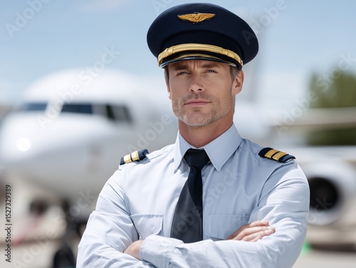 Confident male pilot standing in front of airplane
