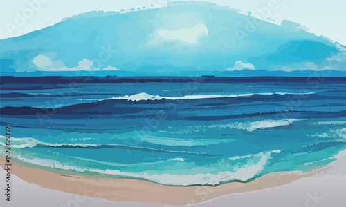 Watercolor Ocean Background with Waves and Sandy Shore – Summer Beach Scene