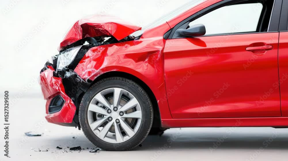Red car with severe front end damage, broken hood, crushed wheel and tire after collision crash, showing impact and destruction with scattered debris and broken parts