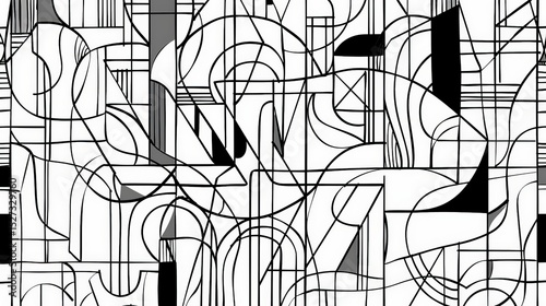 Abstract Geometric Shapes and Lines Pattern in Black White and Gray
