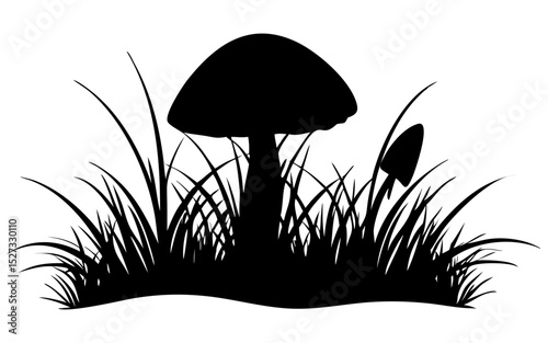 Mushroom in grass  full black silhouette vector illustration design