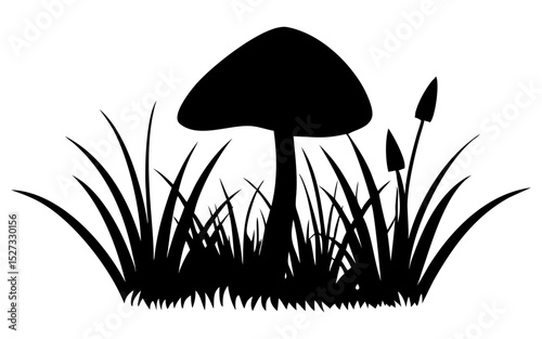 Mushroom in grass  full black silhouette vector illustration design