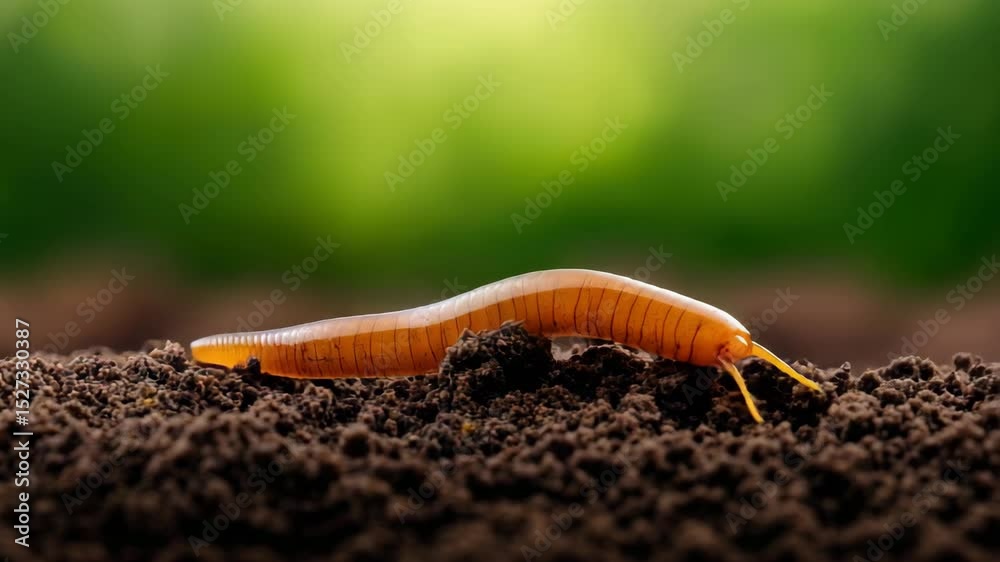 Millipede close up crawling on dark soil with segmented body and antenna, brown arthropod insect in nature macro shot with green blurred background and natural environment