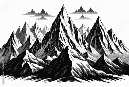 Majestic Monochrome Mountain Range Illustration Dramatic Peaks