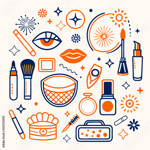 Makeup products and beauty accessories flat lay illustration