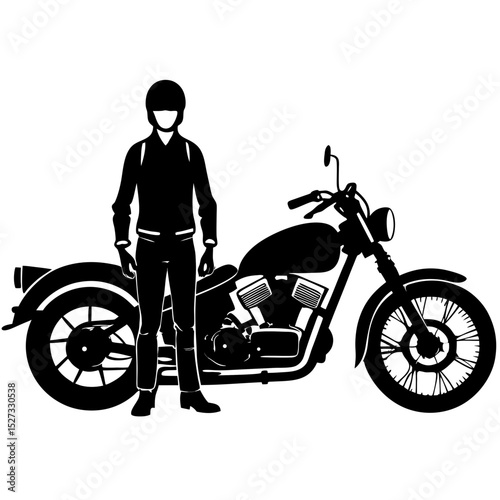 Silhouette of a motorcyclist standing beside his classic motorcycle