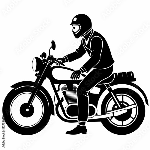 Stylish Man in Helmet Riding Classic Vintage Motorcycle